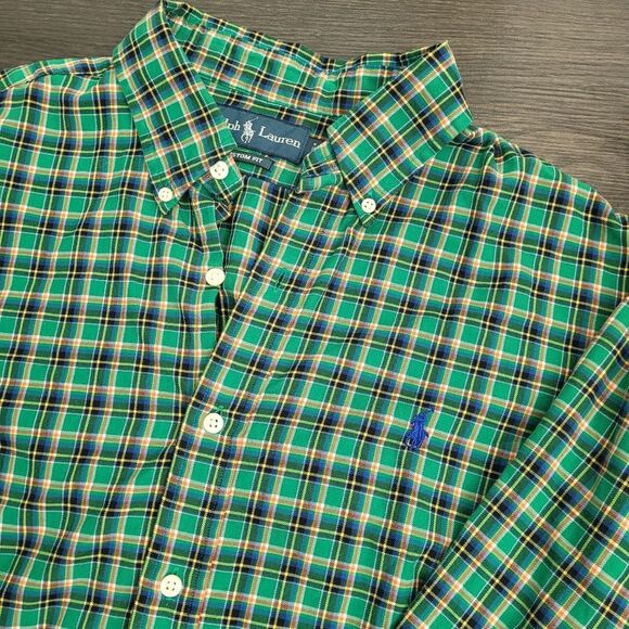 Ralph Lauren Blue and Green Plaid Flannel Button Down Shirt Men's Large Preppy - Picture 2 of 6